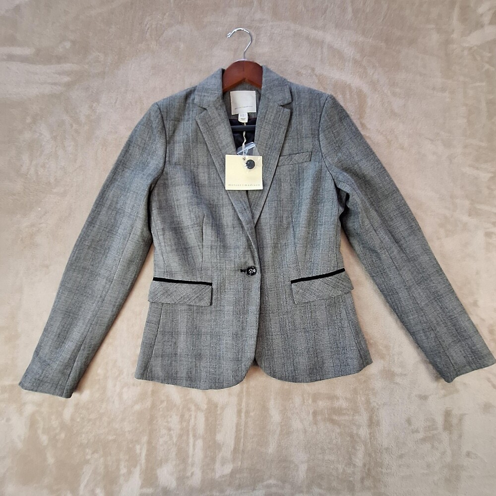 Mercer & Madison Blazer Womens XS Gray Plaid One Button Lined Career Office